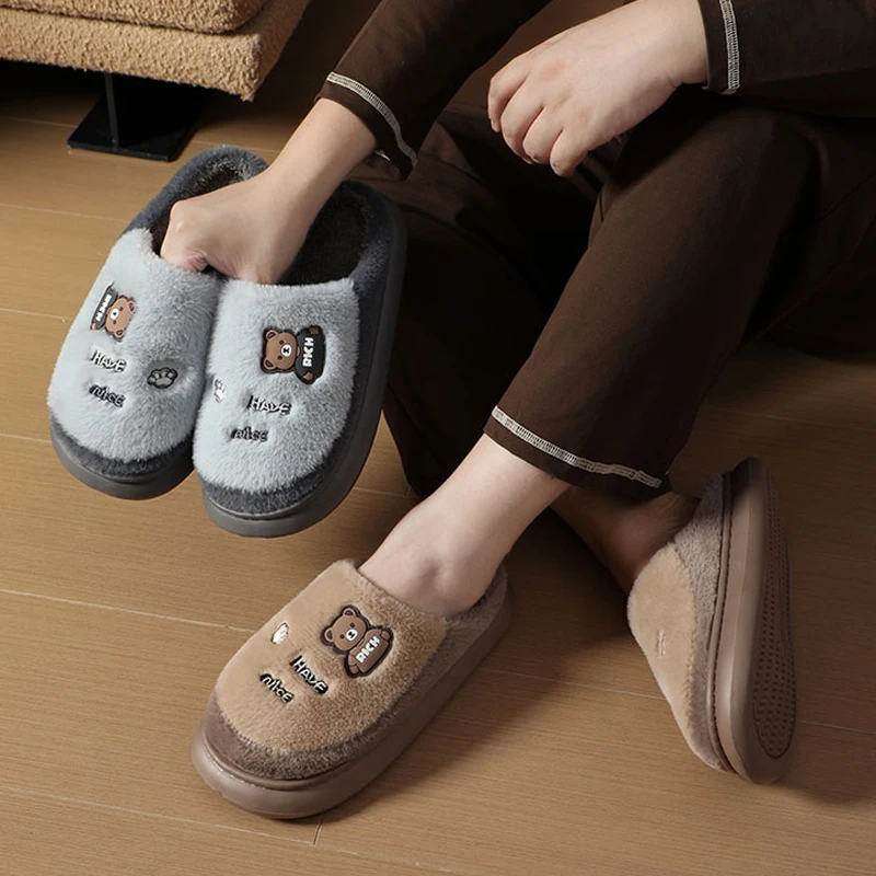 Winter Home Slippers for Women Men Cute Cartoon Fluffy Slippers Warm Plush House Shoes Non-Slip Soft Bedroom Floor Flat Slides