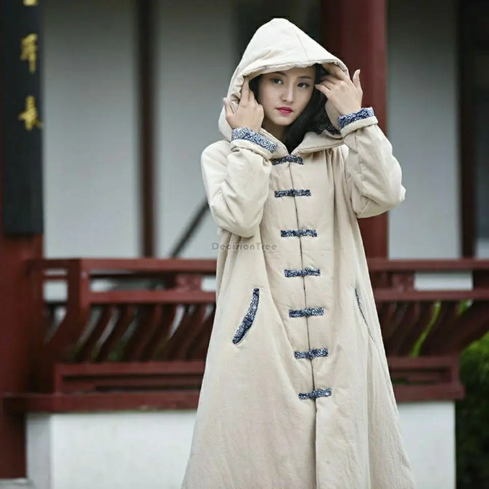 2023 chinese style cotton-padded women winter long cotton cheongsam button hooded robe thick warm retro long cloak coat s935