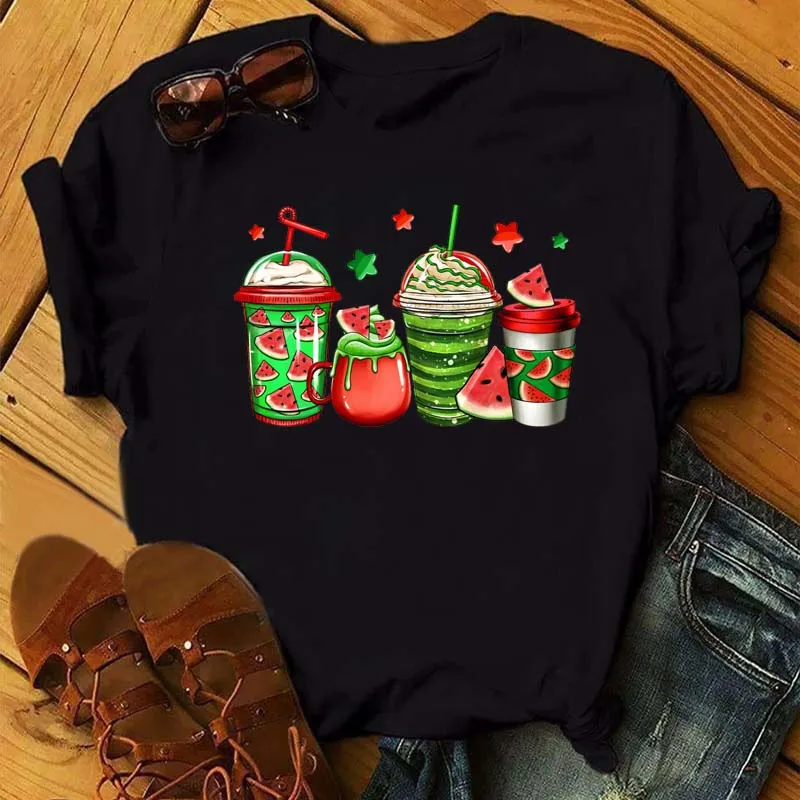 

Maycaur Fashion Watermelon Coffee Printed Women T-shirts 90s Trend Cute Short Sleeve Women Female Graphic Tee Streetwear Clothes