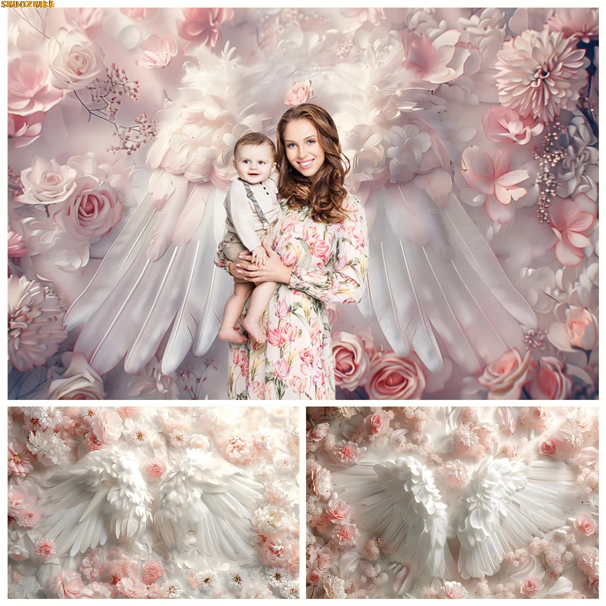 

Newborn Baby Shower Photography Backdrop for Kids Art Portrait Floral Wings Flowers Photographic Background Photo Studio Props