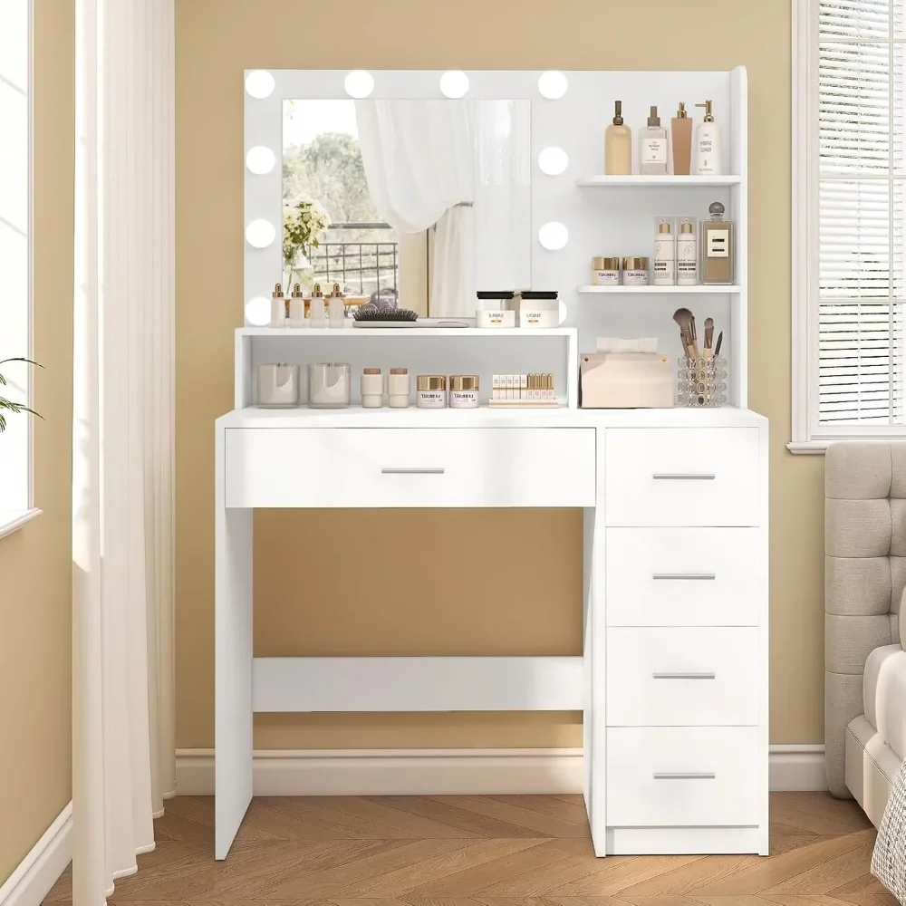 

Makeup Vanity Desk with Mirror, 10 Lights, 5 Drawers, 3 Storage Shelves, 3 Color Modes & Adjustable Brightness Dressing Table