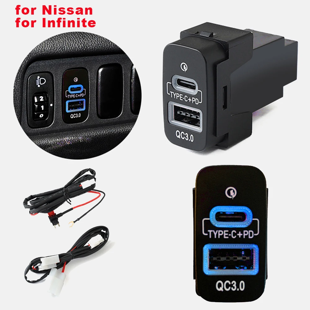 

PD Type-C QC3.0 USB Автомобильное зарядное устройство Интерфейс быстрой зарядки Адаптер питания для Nissan Patrol Y62 X-TRAIL SUNNY SYLPHY Teana
