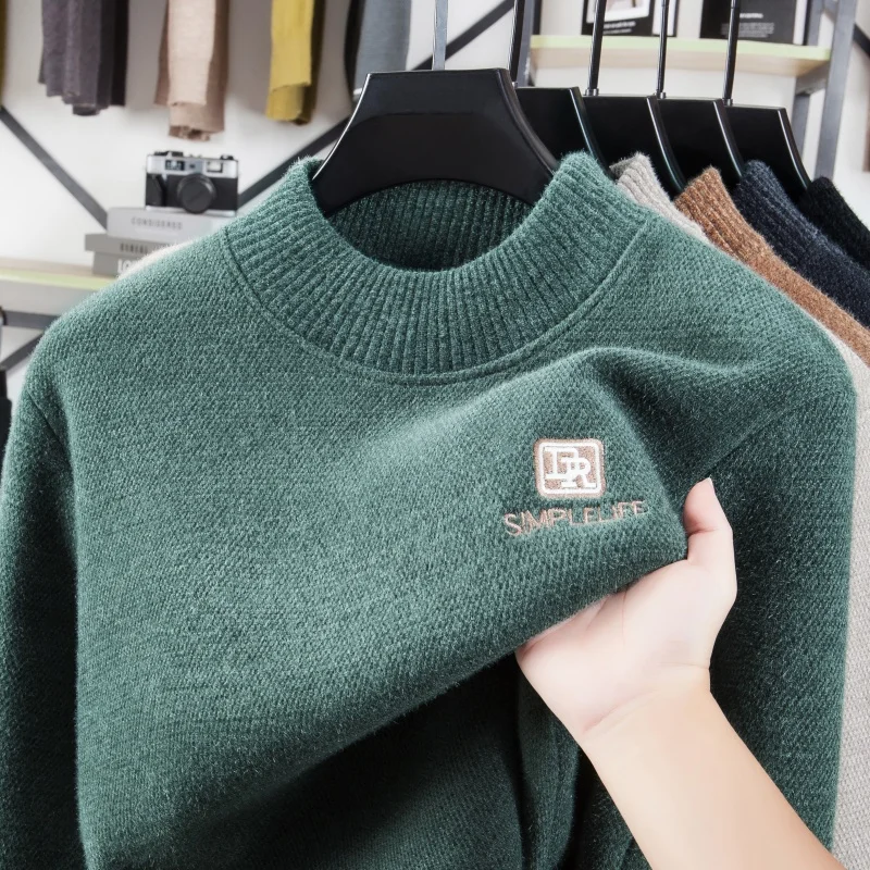 Men's Autumn Winter Long Sleeves Knit Sweater Round Neck Mink Fleece Embroidery Fleece-Lined Pullover Trend Leisure Fashion Tops
