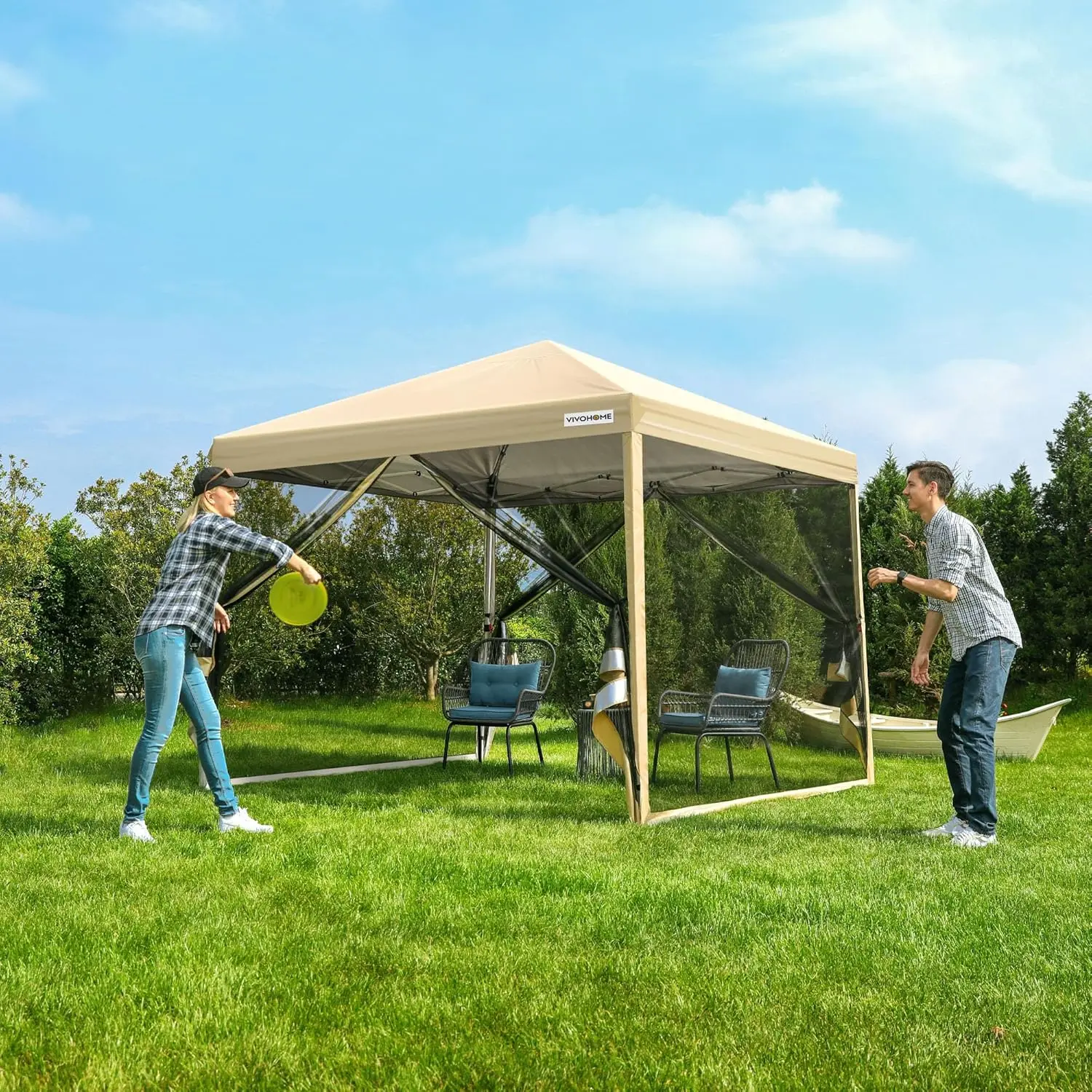 Outdoor Yard Camping and Picnic Screen Tent, Lightweight Material, Beige, with Mosquito Netting, 2 Zipper Doors and Roller Bag
