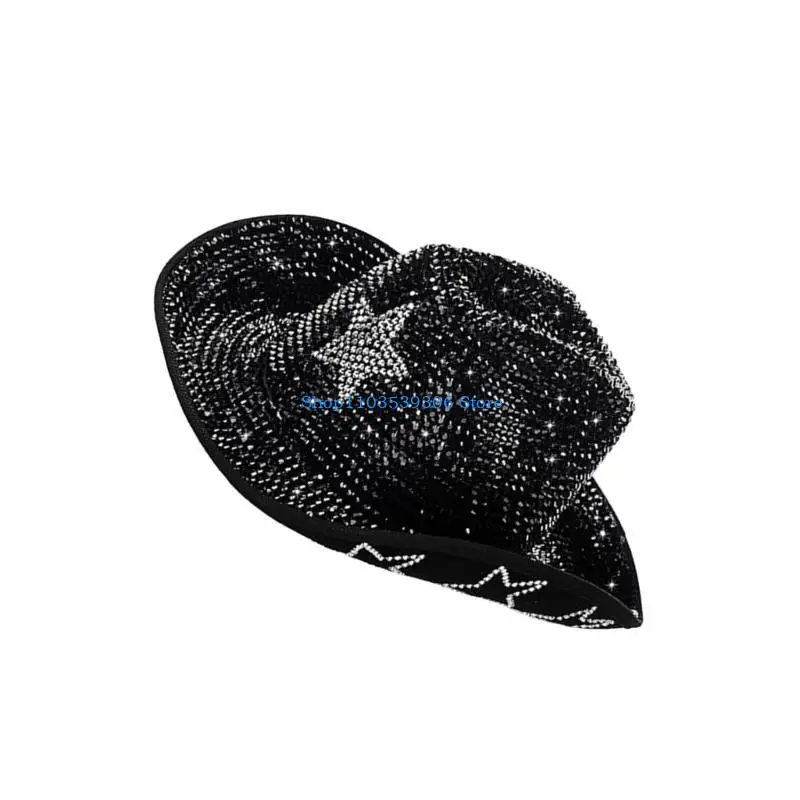 400A Glittering Rhinestones Fedoras Hat for Adult Shimmering Star Pattern Top Caps Party Costume Headwear for Various Occasion