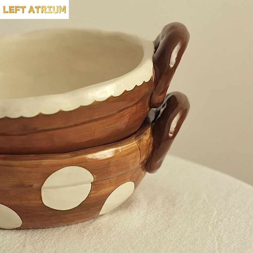 Japanese Style Vintage Porcelain Bowl Double Handles Contrast Color High Grade Ceramic Food Container Yogurt Fruit Salad Bowls view 5
