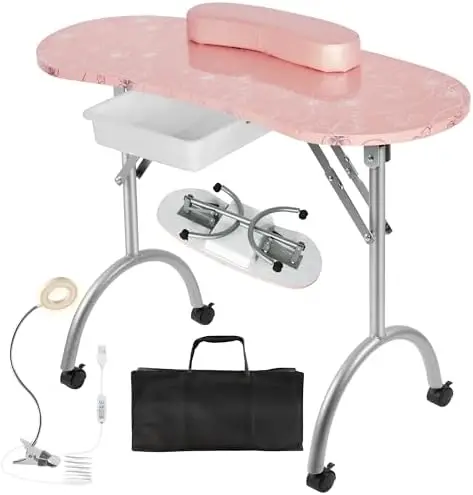 Portable & Foldable Manicure Table Nail Desk on Wheels with Drawer, Updated USB-Plug LED Table Lamp, Client Wrist Pad