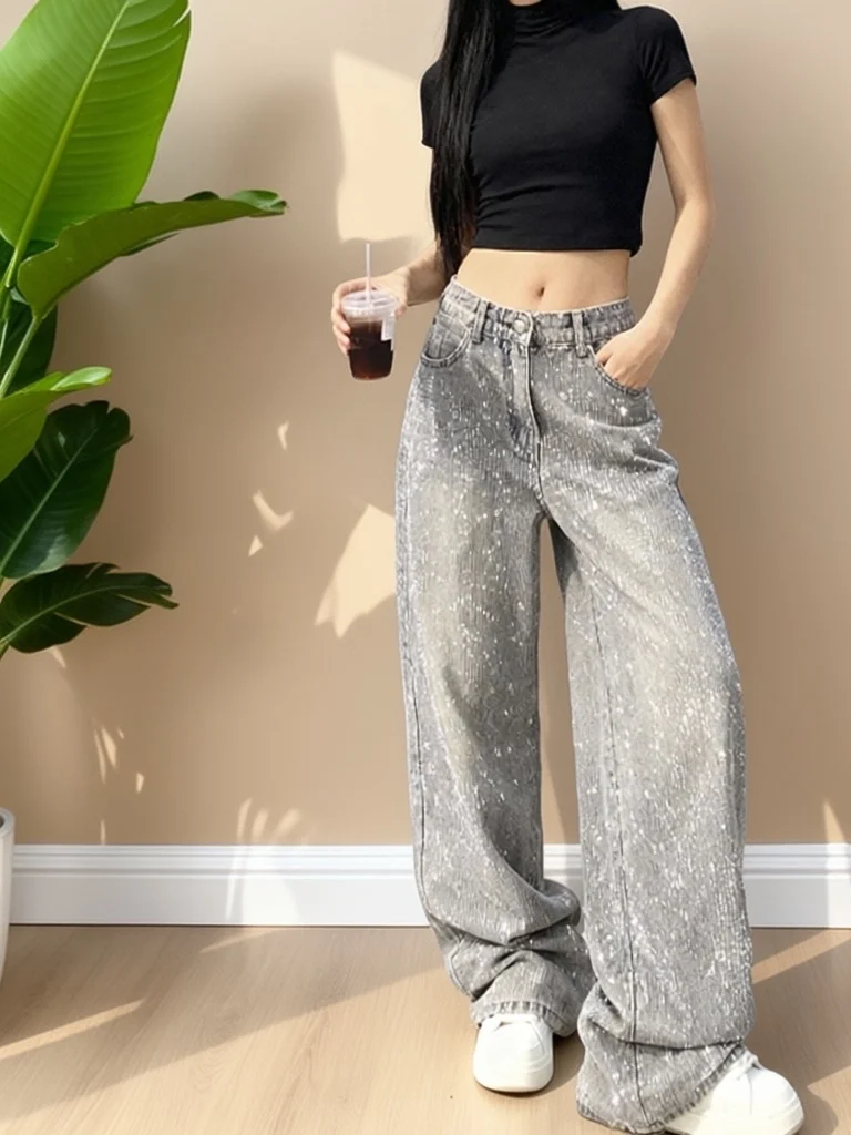 

Джинсы с высокой талией и широкими штанинами, с дизайнерским принтом «Звезды», украшенные стразами, повседневные, с множеством карманов, свободного кроя, для взрослых