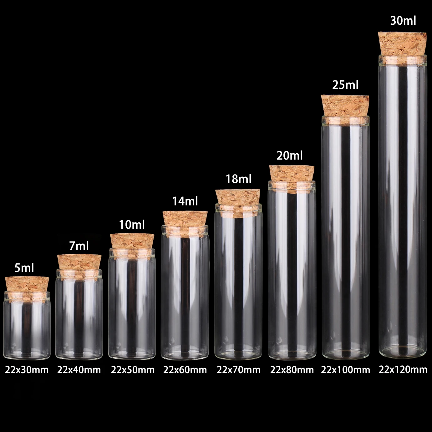 Tubos de ensayo con tapón de corcho, botellas de vidrio de 10 piezas de diámetro, 22mm, 5-10-20-25-30ml, frascos de terrario, viales, manualidades