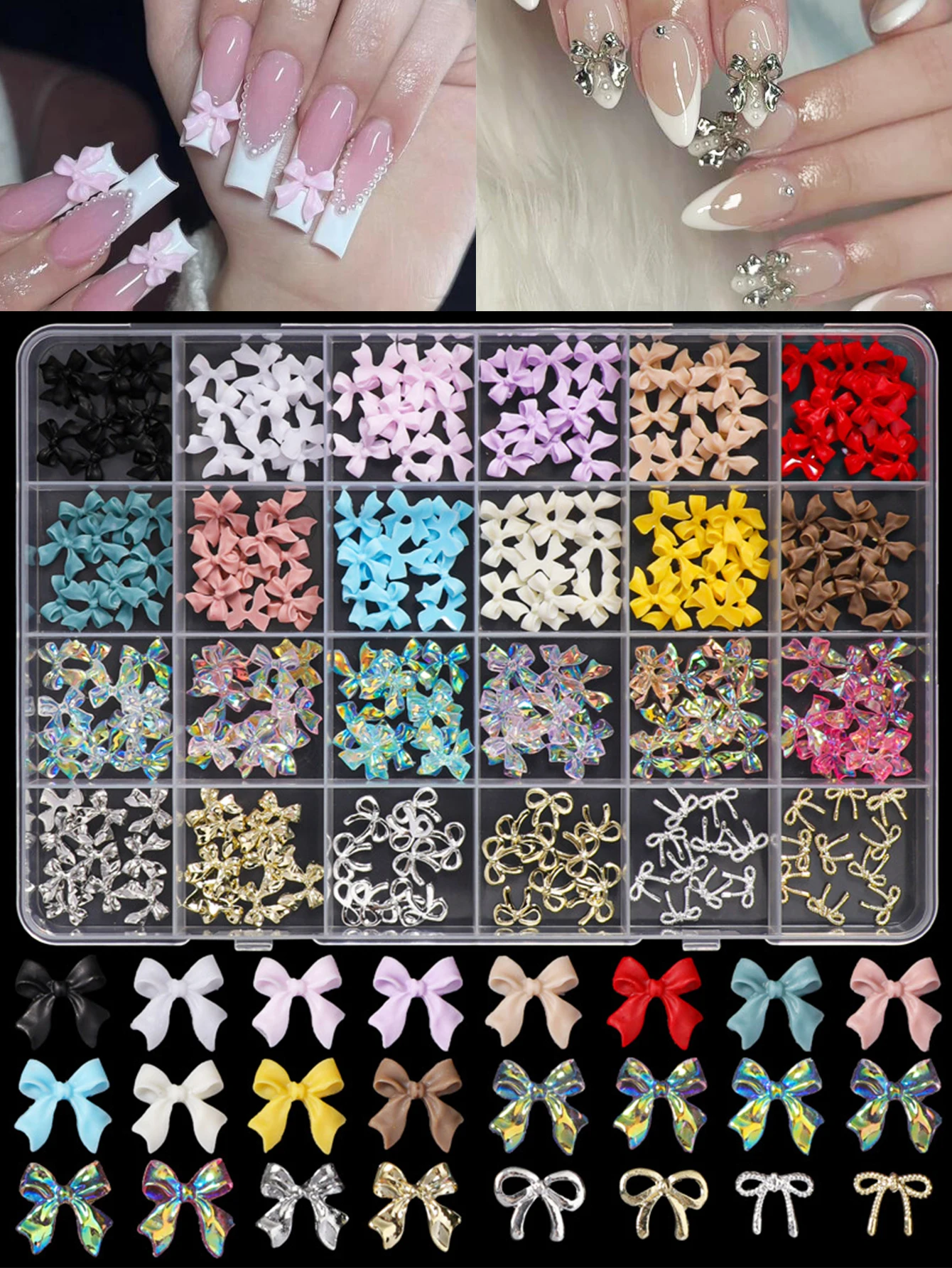 24 Grids of Nail Art Accessories, Resin Alloy Multi-Color Bow, Versatile Solid Color Streamer, Wearable Nail DIY Decoration