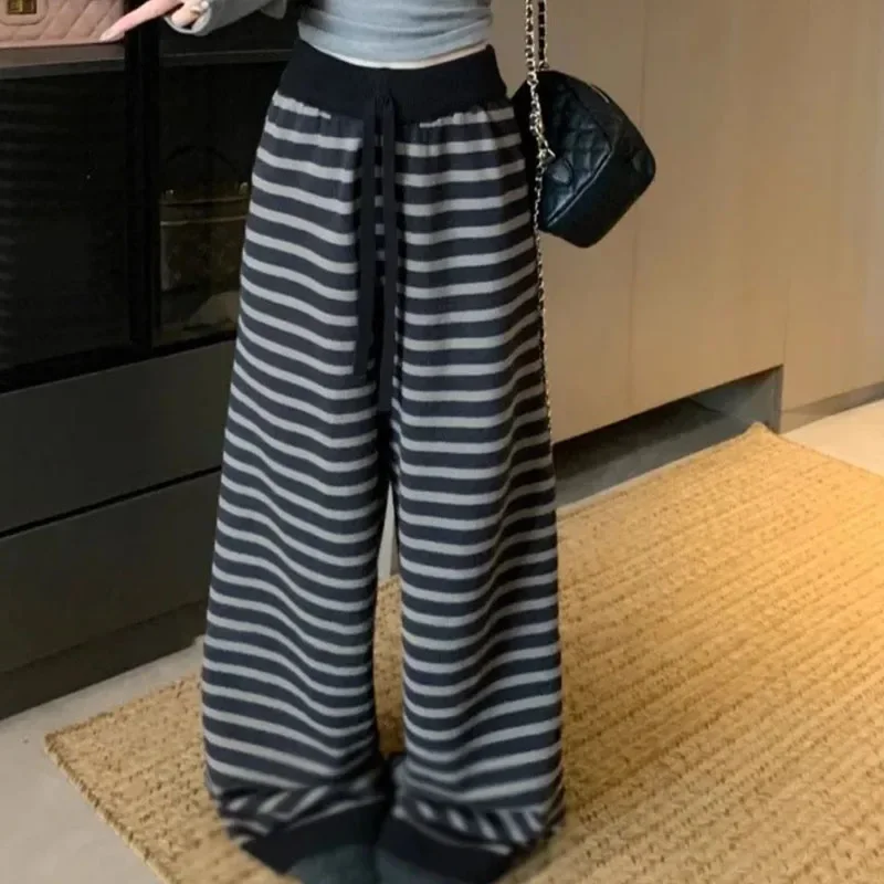 Contrast Color Stripe Wide Leg Trousers Vintage Grunge Loose Knit Casual Women Pant Y2k Aesthetic Straight Pants Female