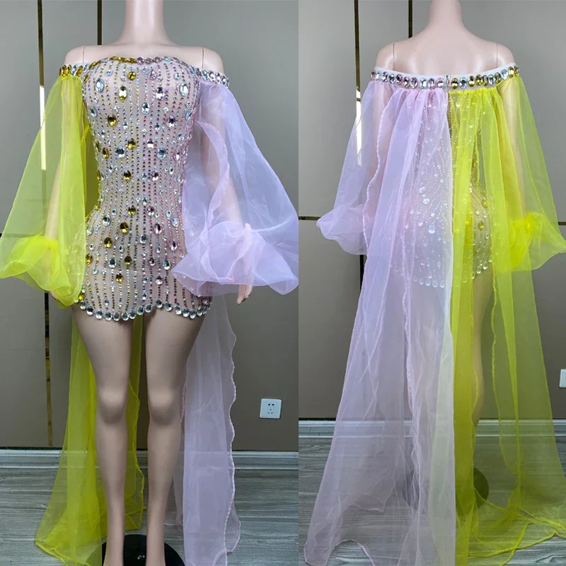 Vestido rosa amarillo con diamantes de imitación para mujer, vestidos de fiesta para celebrar, traje de Festival, disfraz de pasarela