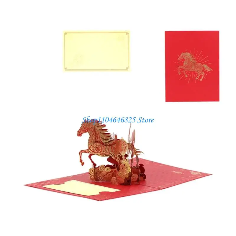 

Gold Foils Embossed Horse Year New Year Card For 2026 Celebration Greeting Card with Envelope for Friend