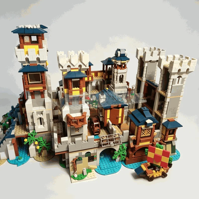4693 Parts Medieval Riverside Castle Keep Model Custom Building Blocks DIY Assembly Ancient Town Scene Desktop Collection Gifts