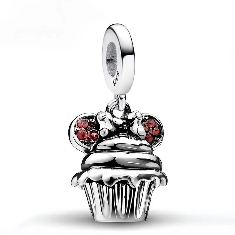 

Customizable Beads 925 Sterling Silver Dangle Charm Red Zircon Disney Mickey Ice Cream Pendant for DIY Bracelet Fine Jewelery