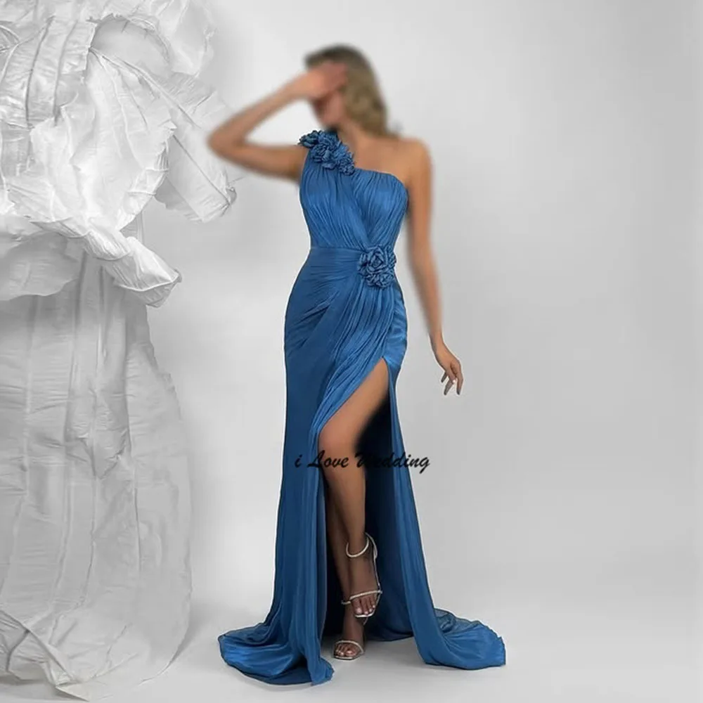 Handmade Flowers One Shoulder Pleated Long Side Split Evening Dress Straight Backless Long Party Gown with Sweep Train Custom - Image 4