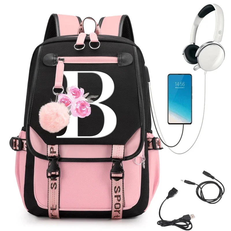 School Backpacks Trend Cherry Blossom Black Gradient Pink 26 A-Z Alphabet Street Trend Sakura Fashion Zipper Aesthetic Backpack