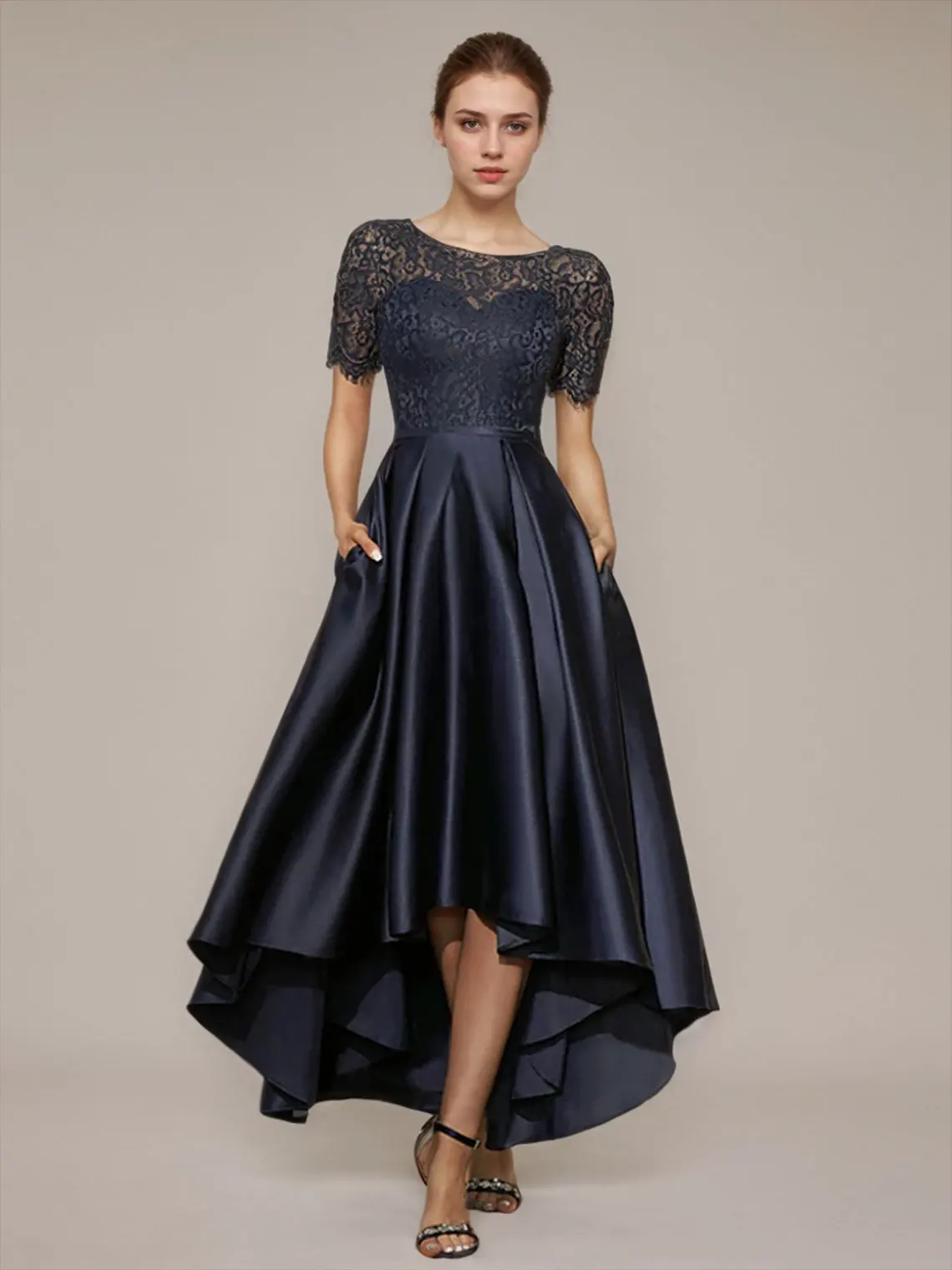 

Elegant A-Line Prom Gown Satin Lace Asymmetrical Hemline Scoop Neck Short Sleeves Plus Size Evening Dress 2025 Free Customized