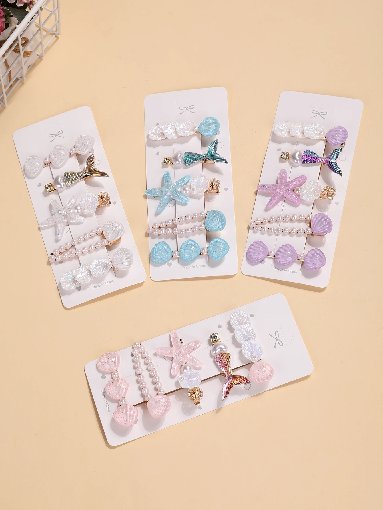 5-Piece Set of Blue Ocean-Themed Hair Accessories - Mermaid Tail, Shell, Starfish, and Pearl Hair Clips - Cute Teenage Side-Bun Accessories