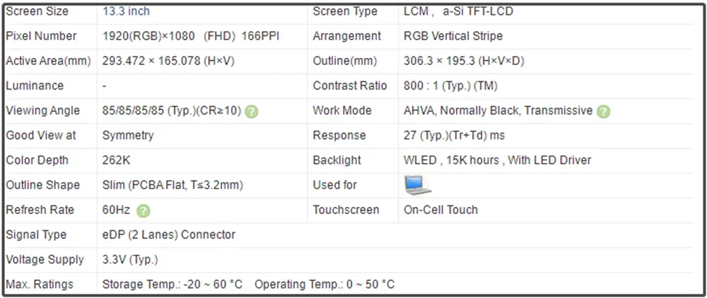 13.3 inch LCD Touch Screen Panel EDP 40pins Slim IPS FHD 1920x1080 60Hz B133HAK01.4