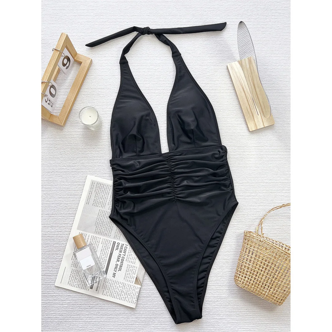 Sexy Badeanzug mit tiefem V-Ausschnitt und Neckholder, geraffter Einteiler, Damen-Bademode, Monokini mit hohem Beinausschnitt, Badeanzug, Badebekleidung, Modell V5538 – Detail 18