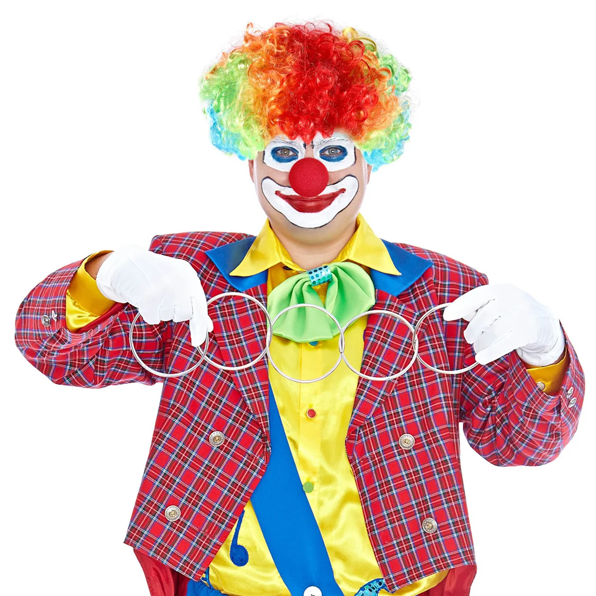 Red Foam Clown Nose + Multi-colored Clown Wig for Masquerade Cosplay fancy dress.