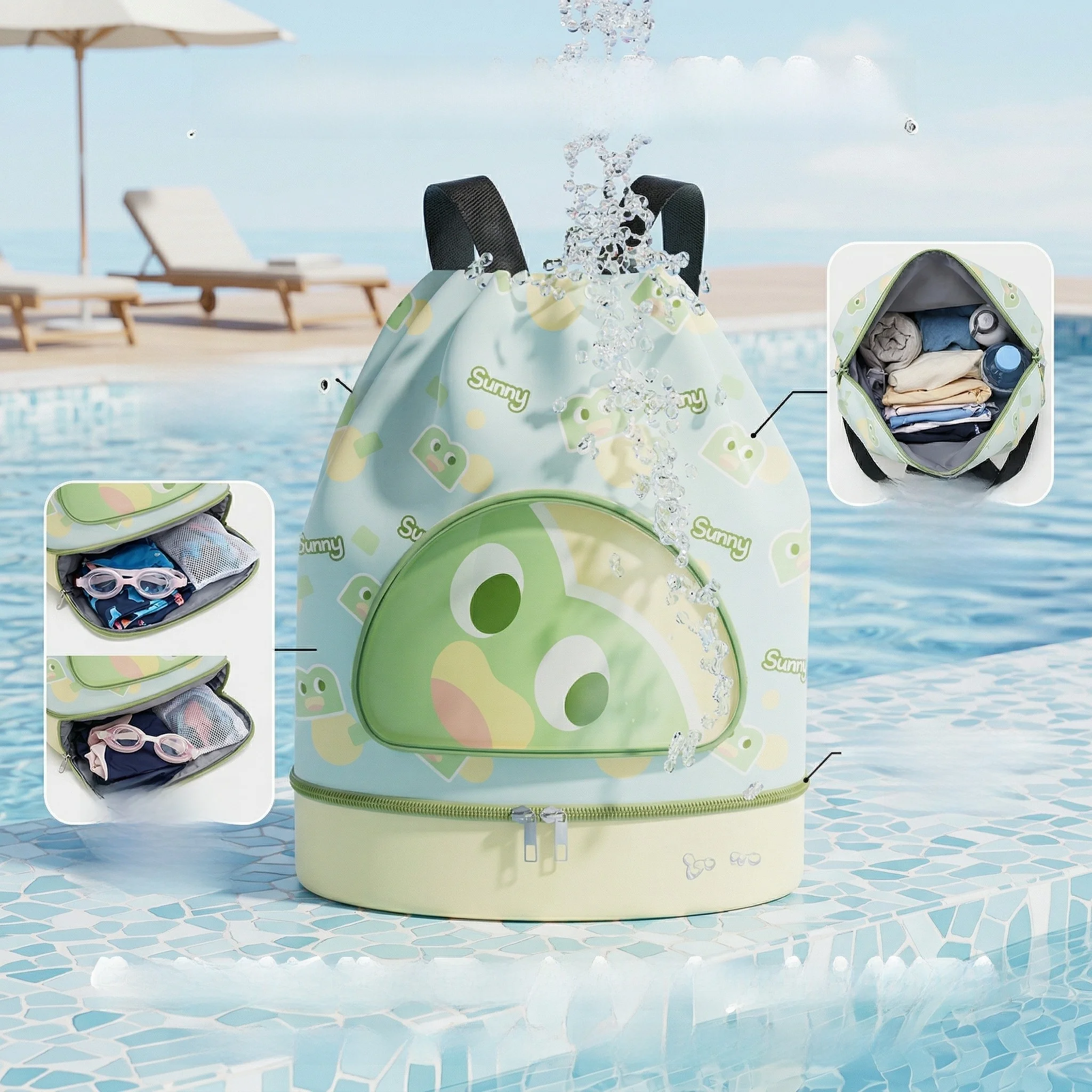 子供用スイミングバッグ-靴用コンパートメント付き防水収納ポーチ-ネオプレン製ウェット＆ドライ分離バッグ-夏用