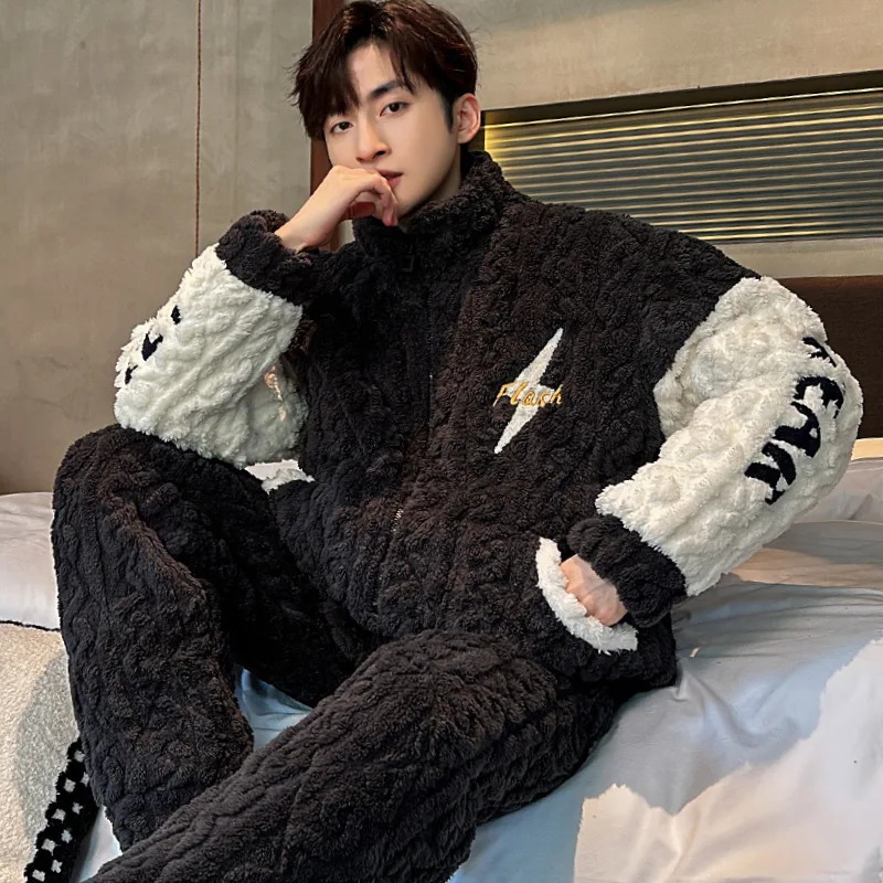Three-layer Cotton and Fleece Thickened Flannel Home Wear Pajamas for Men, Winter and Autumn Set, Providing Good Warmth.