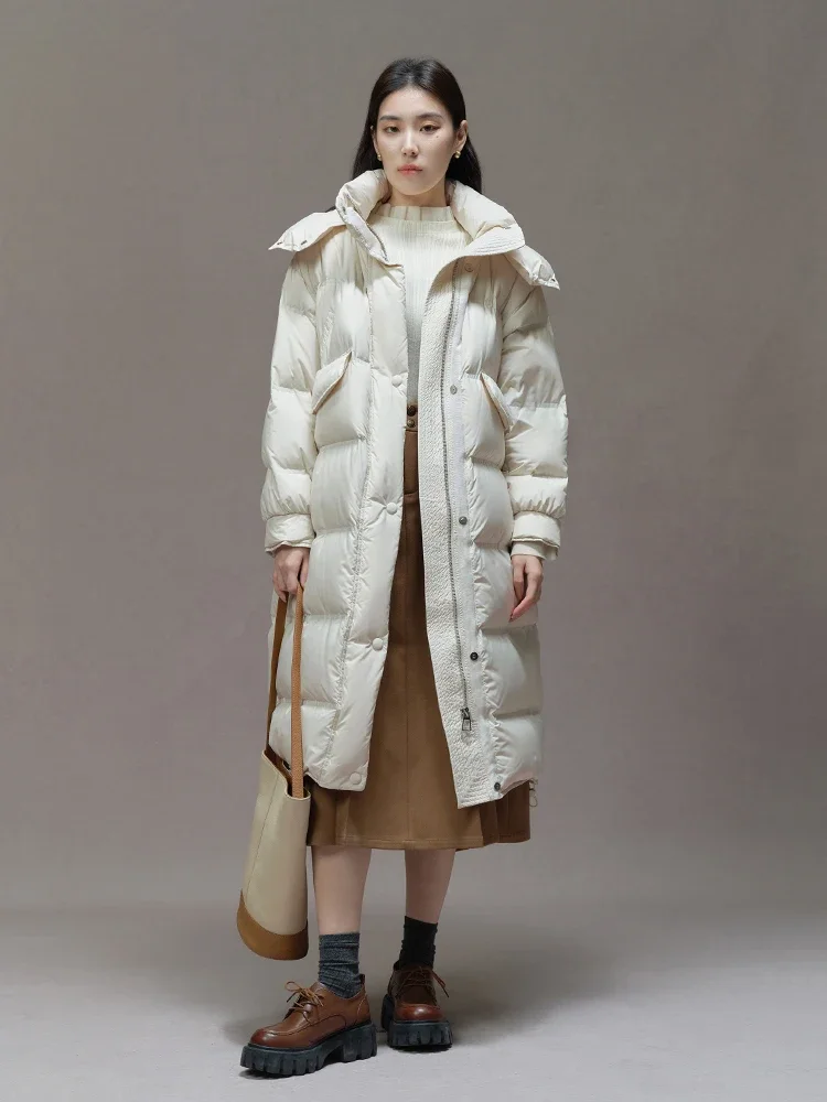 DUSHU Commuter Style Mid-Length Warm Long Down Jacket for Women Winter 2023 New Wear Warm Thick White Duck Down Coats Female