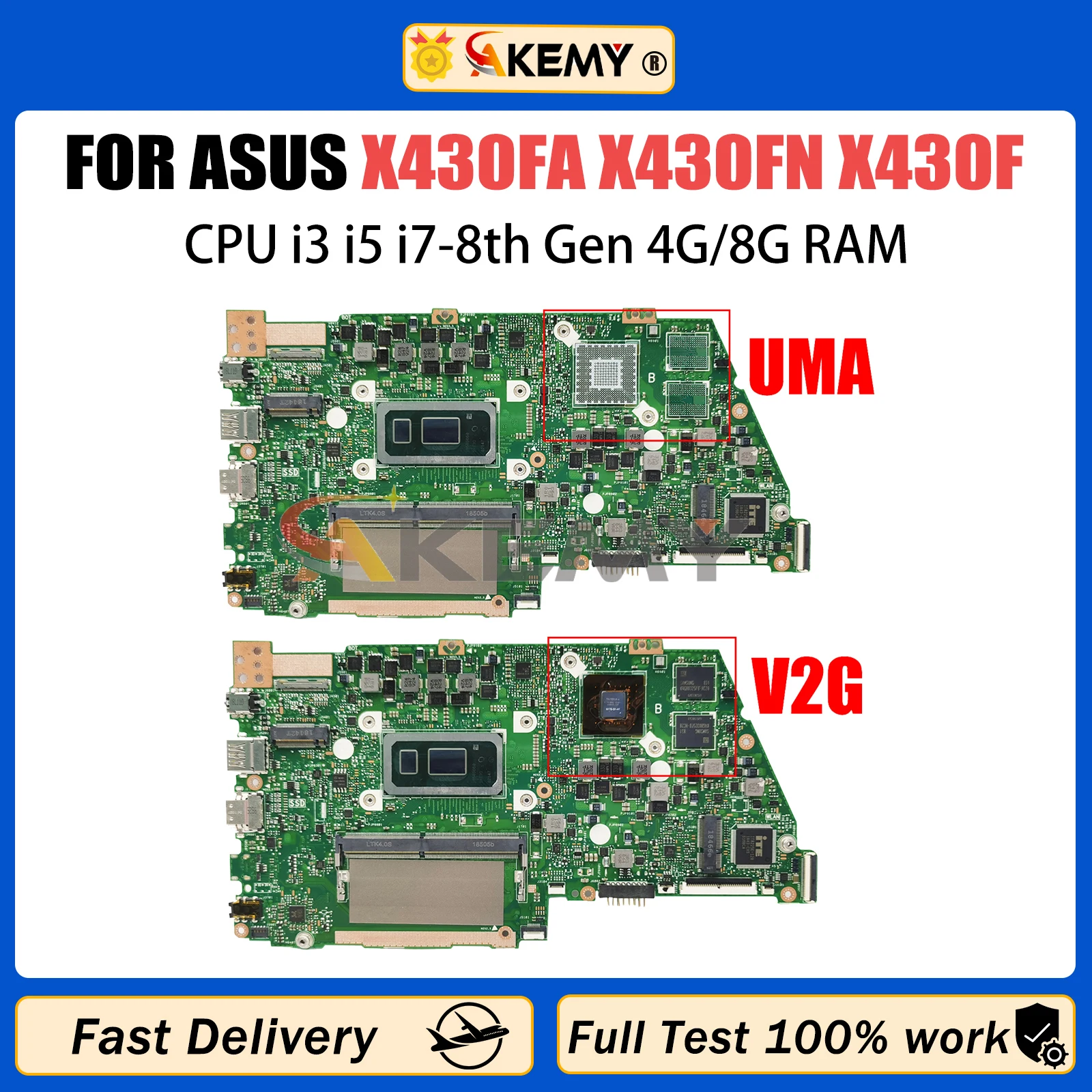 AKEMY X430FA Mainboard For ASUS X430F X430FN S430F K430F R430F S4300F Laptop Motherboard i3 i5 i7 8th CPU V2G/UMA 4GB/8GB RAM