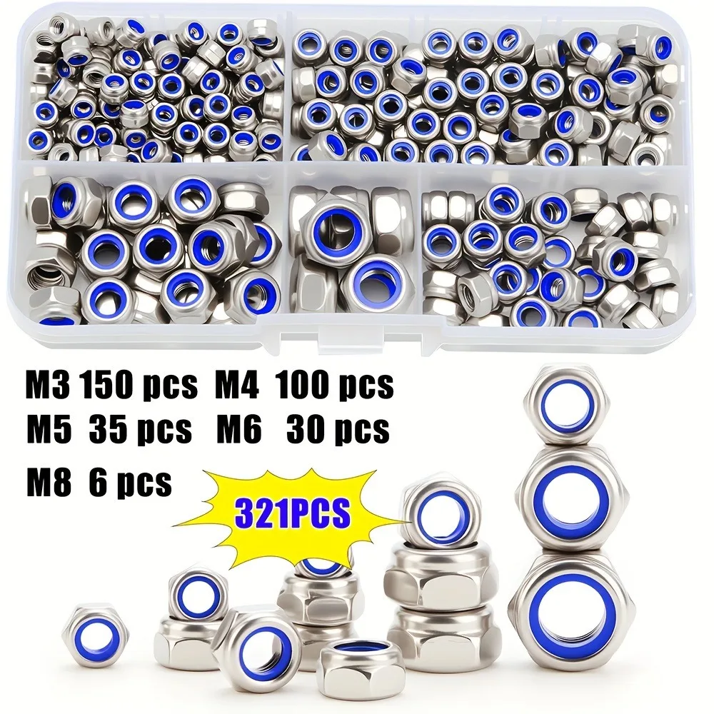 321 Grade A Stainless Steel Nuts with Nylon Locking Caps M3-M8, for Decorative and Scientific Applications, and DIY Enthusiasts