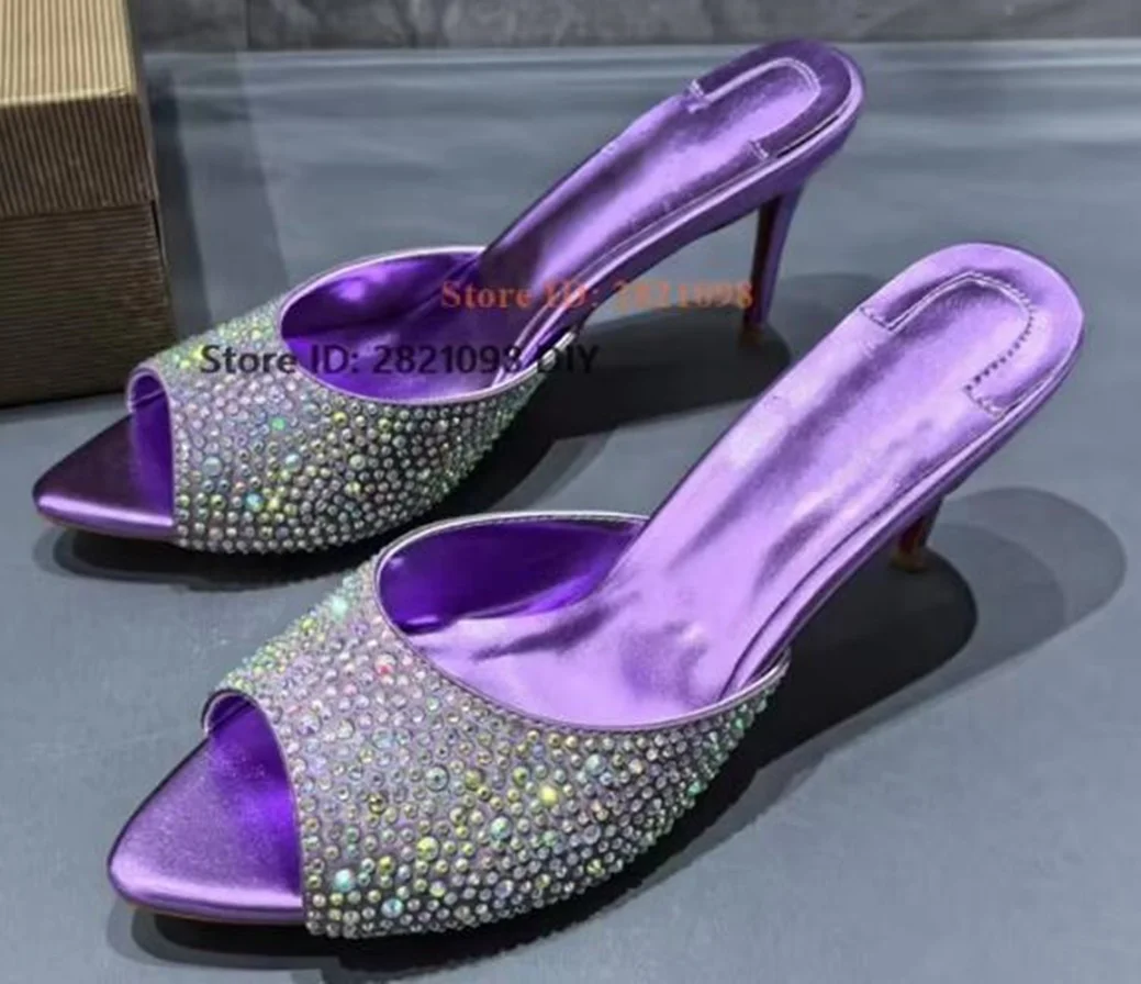 

Leather 8Cm Heeled Thin Heeled Pointed Toe Mules Purple Crystal Slip On Pumps Women High Heel Party Dress Shoes