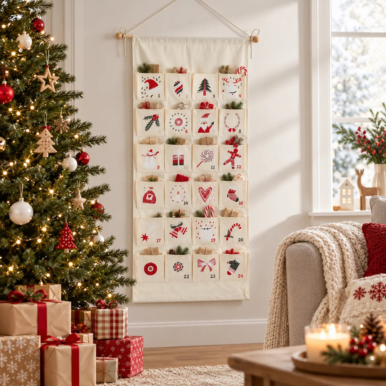 Decorative Christmas Advent Calendar With Reusable Candy Gift Pockets For Toddlers Family Christmas Home Fireplace Hanging Decor