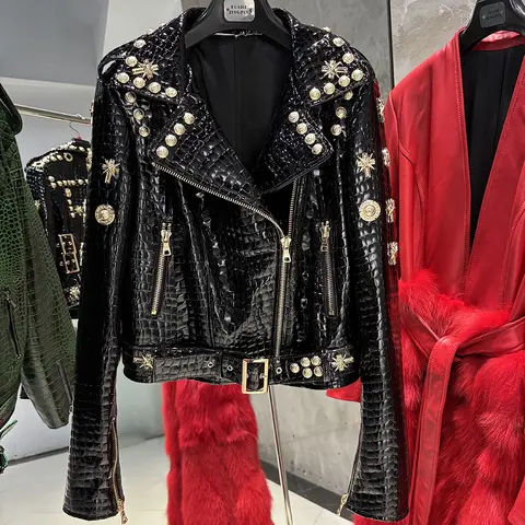Women Stylish Gold Rivet Real Leather Jacket High Glossy Genuine Leather Asymmetrical Zip Biker Jacket