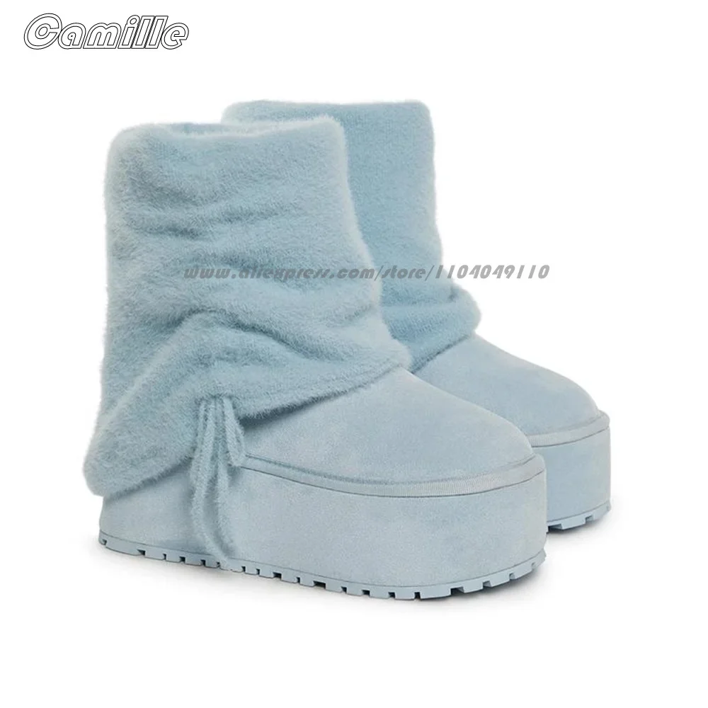 

Concise Blus Short Plush Thick Sole 7CM Heel Snow Boots Round Toe Platform Casua Size 35-39 Slip On Height Increase Boots