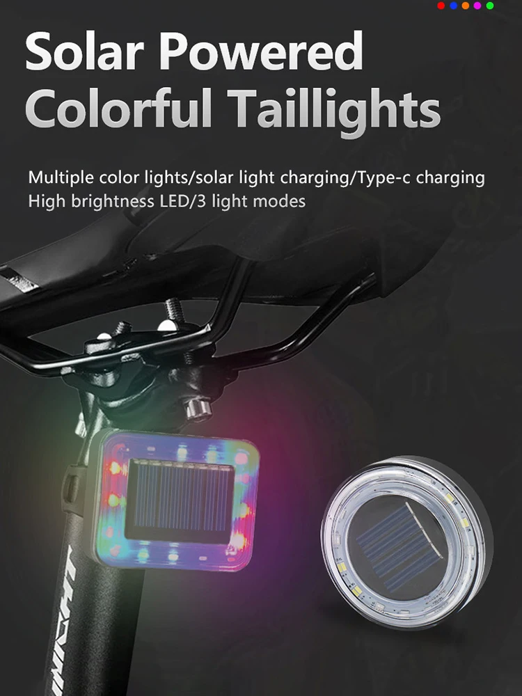 AliExpress cycle zone Bicycle Tail Light Colourful LED Flashing Warning Taillights Solar Type-C Rechargeable Bike Rear Taillight Cycling Accessories