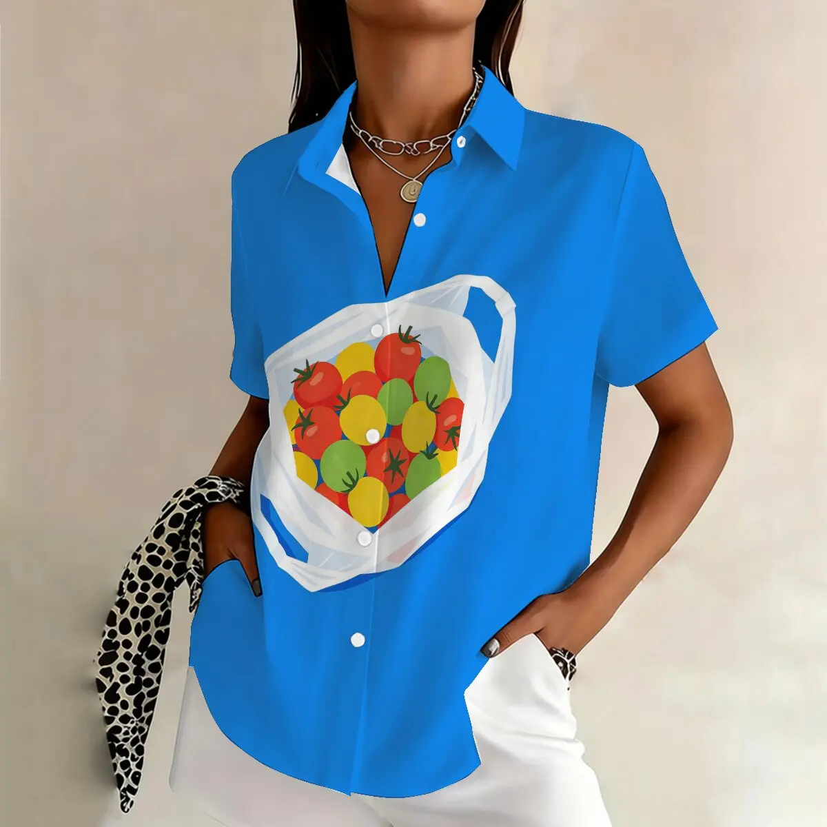 

Women's Plus Size Fruit & Vegetable Print Short Sleeve Shirt, Creative & Eye-Catching,Perfect for Gatherings, Shopping & Picnics