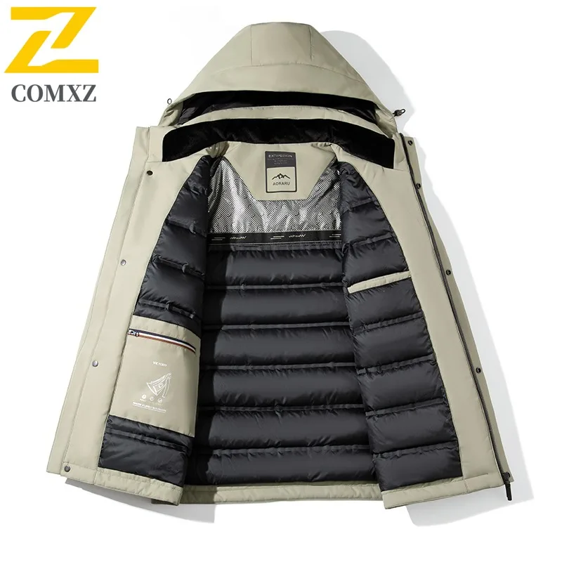 COMXZ Mens Puffer Jacket Solid Color Hooded Outdoor Camping Lightweight Down Coat Snow Travel Thickened Warm Autumn Winter Wear