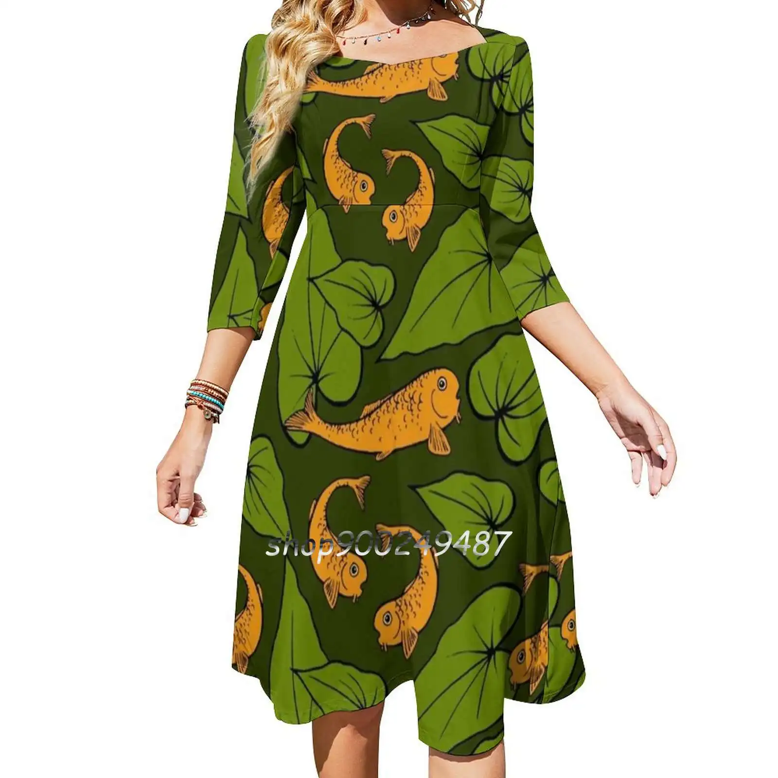 Koi Pond Pattern Evening Party Dresses Midi Sexy Dress Female Sweet One Piece Dress Korean Rbstaycay Fish Koi Goldfish Carp