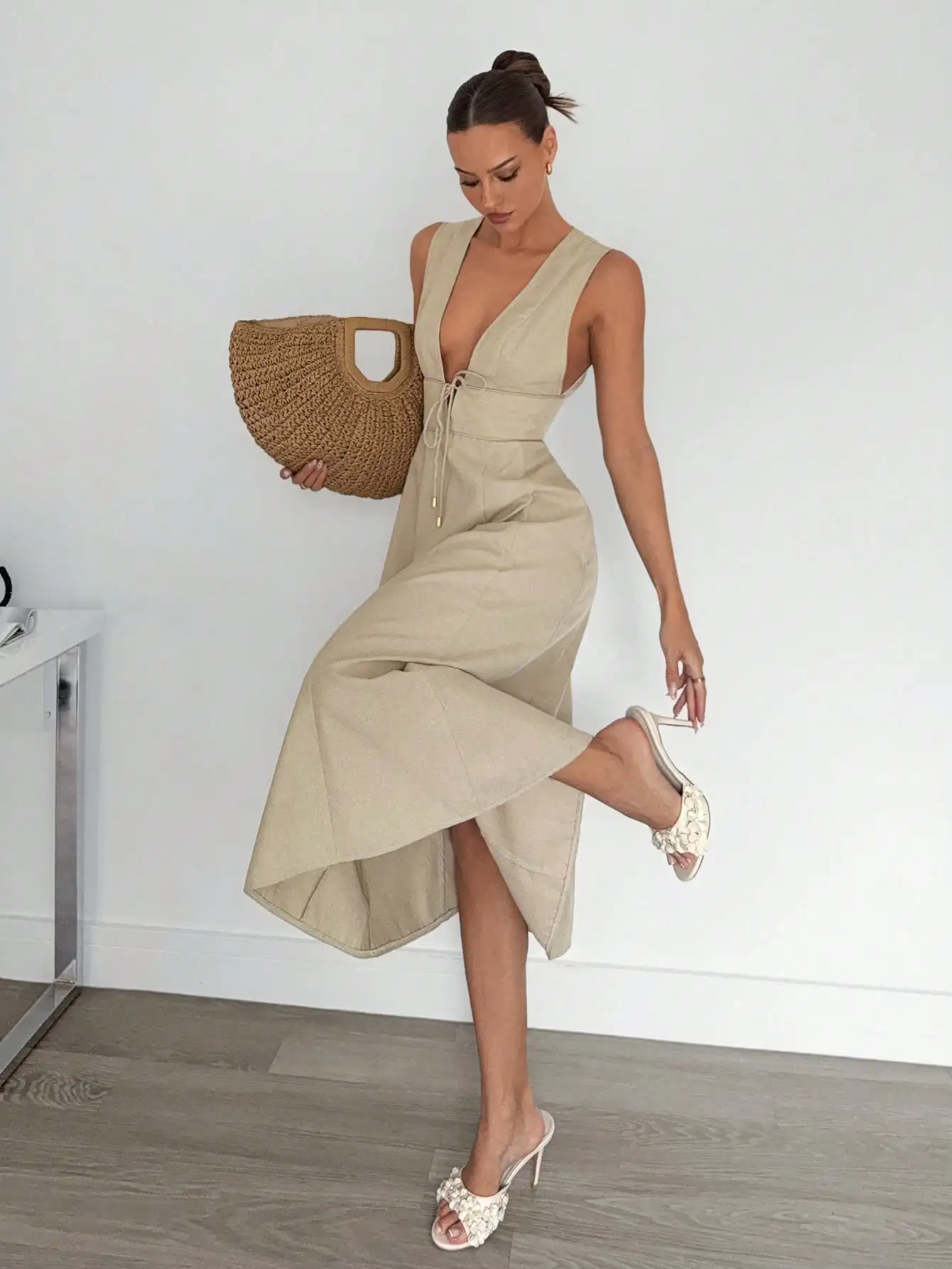 

Women's Deep V-Neck Tie-Waist Midi Dress in Khaki, Elegant Summer Party Dress