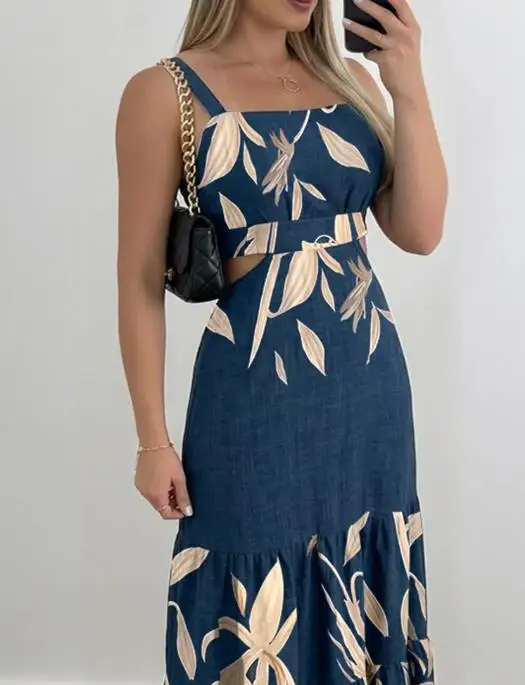 Mode féminine plantes Placement impression découpe taille froncé dos Maxi robe femmes décontracté taille cintrée à volants robes de vacances