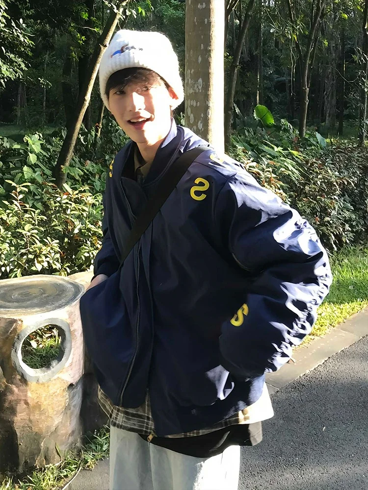 

Cleanfit American Sle Flight Jaet Cotton Coat Men's ort Trendy Brand k Blue Retro Embroidery Baseball Jaet