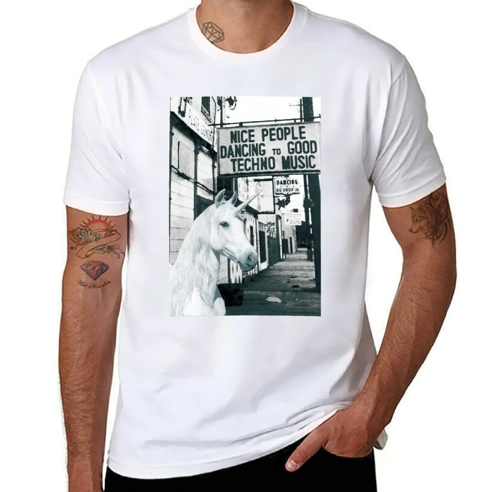 

Unicorn Searching for Techno Club T-Shirt tops valentines clothes men graphic t shirts