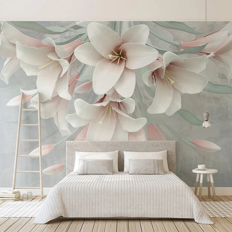 

Custom Mural 3D Embossed Pink Lily Flower Background Wall Painting Modern Bedroom Bedside Living Room Decoration Photo Wallpaper