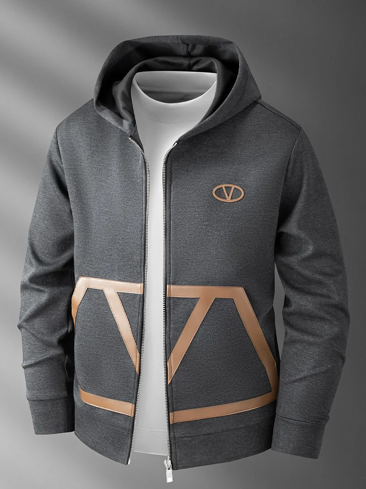 

Fall Winter Men's Zipper Hooded Jaet Casual Comfortable Polyester Modal Cotton Blend Thiened Air Layer Leather Splicing S...