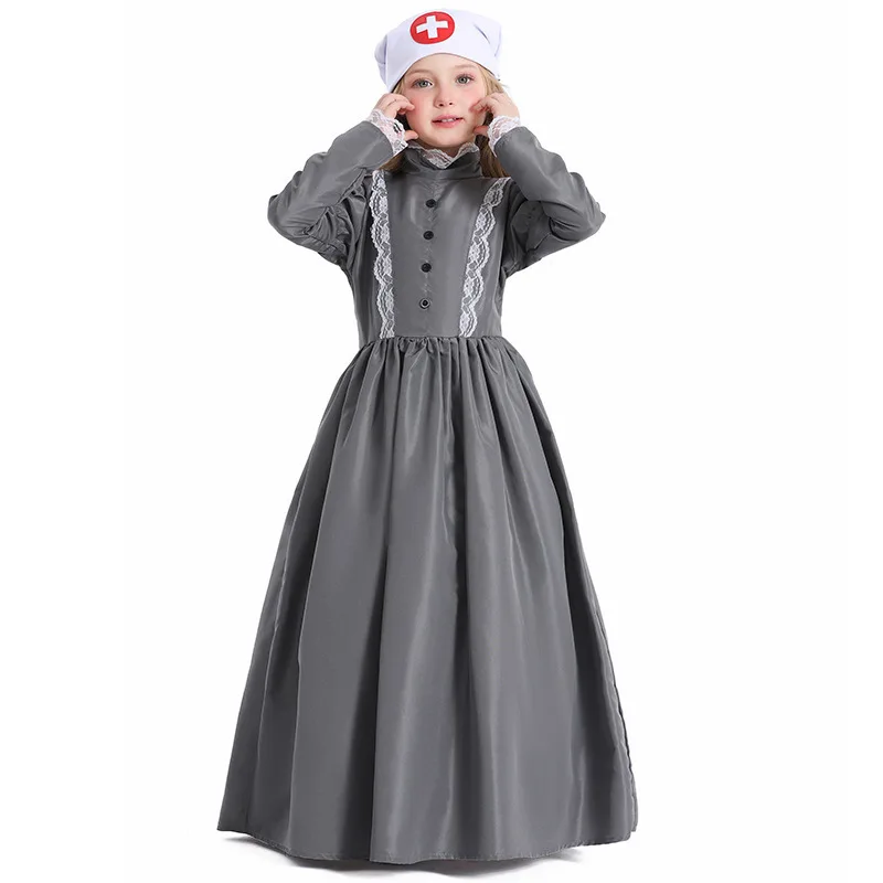 Florence Nightingale Costume Historic Victorian War Nurse Maid Dress Girl Long Dress with Apron Halloween Cosplay Costume view 3