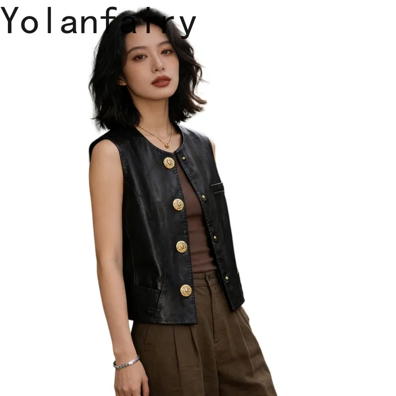 YOLANFAIRY Top Layer Sheepskin Genuine Leather Jacket Women Round Collar 100% Real Leather High Quality Pure Leather Vest Female
