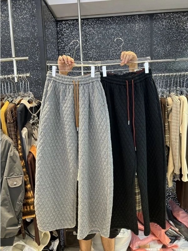

Thickened Warm Cotton Pants for Men And Women with Elastic Waist Diamond Stitching Autumn Winter Casual Pants Straight Leg