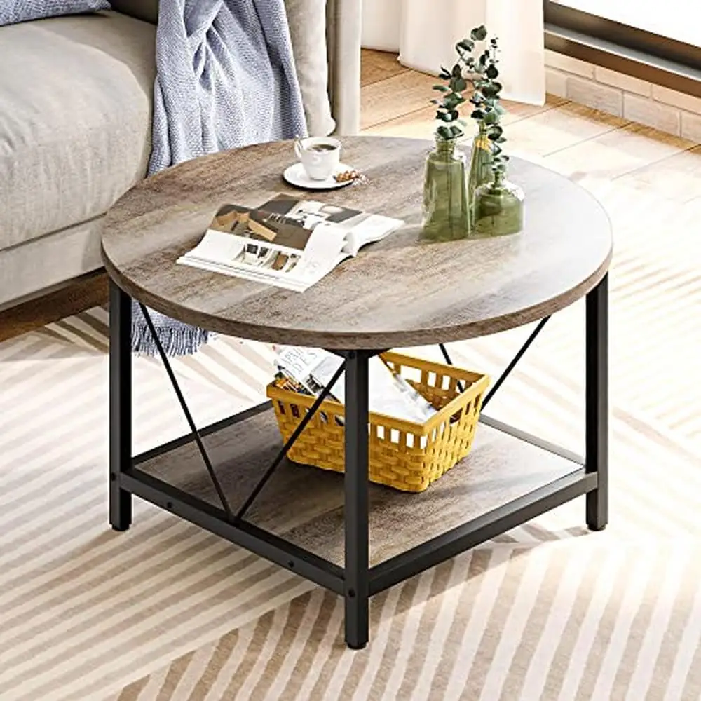 

Modern Farmhouse Round Coffee Table with Storage Shelf Portable Lightweight Design Spacious Easy-to-Clean Tabletop Solid