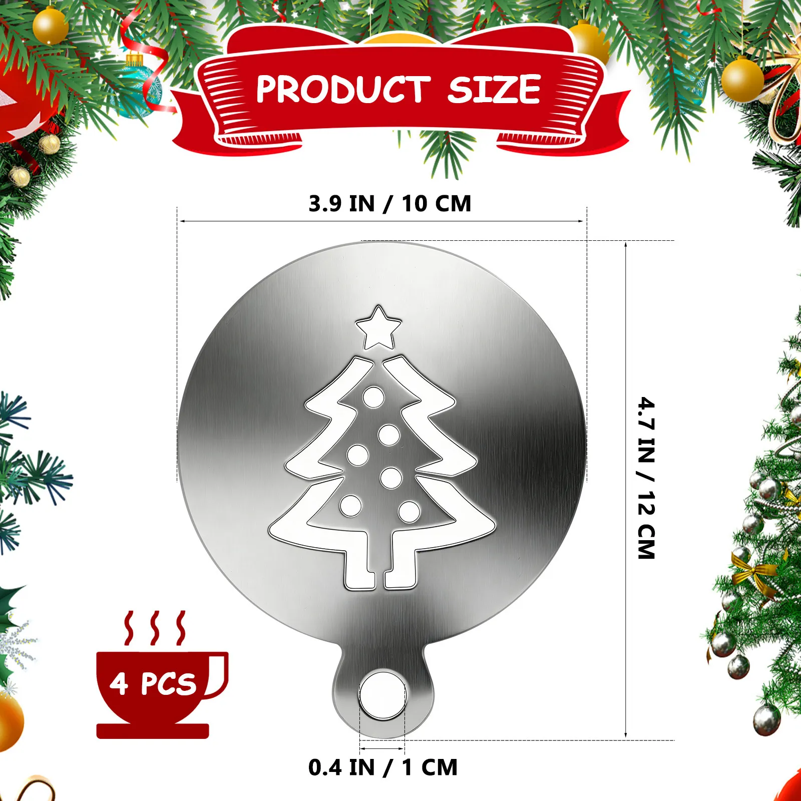 4Pcs Christmas Cake Decorating Stencils Stainless Steel Coffee Spray Templates for Baking Cupcakes Latte